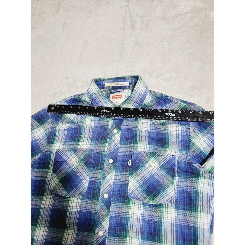 Levi's Western Pearl Snap Shirt Mens Medium Plaid Blue/Green Flannel Button Up